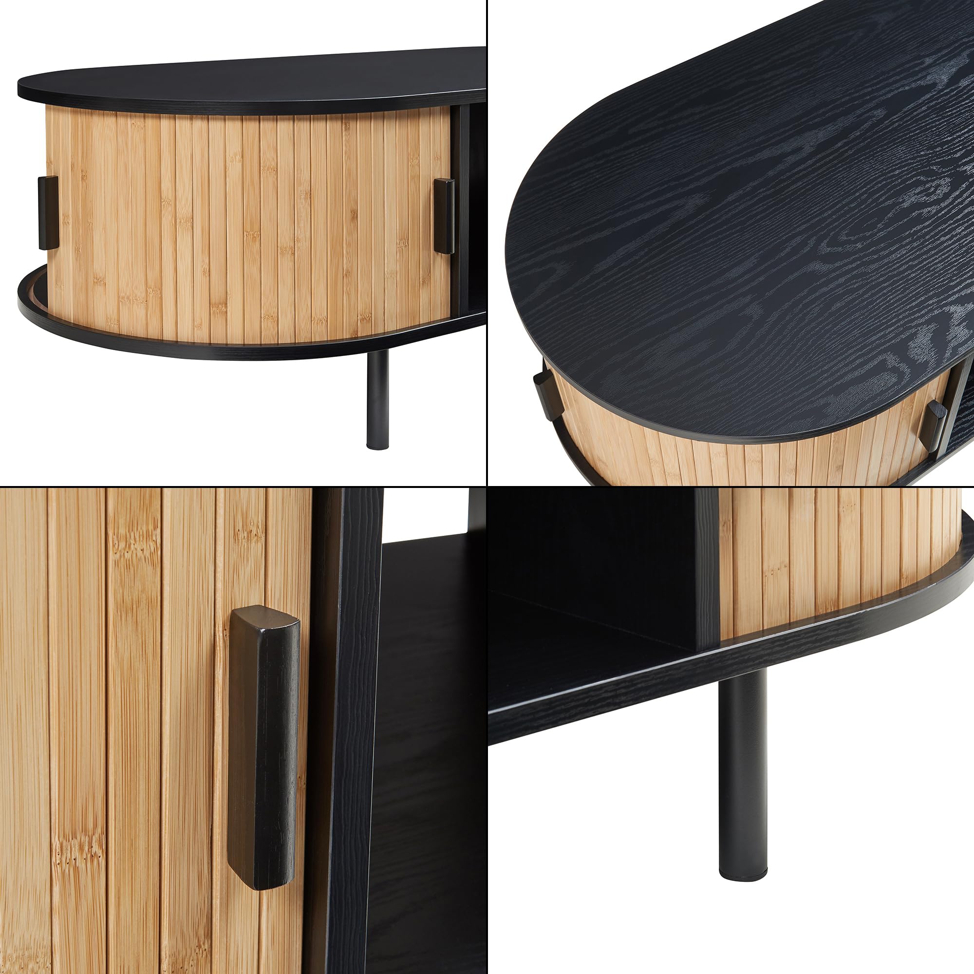 [en.casa] Table Basse Design Scandinave Table d'Appoint Bout de Canapé avec Portes Couilissantes Compartiments de Rangement MDF Bambou Métal 120 x 55 x 40 cm Naturel Noir