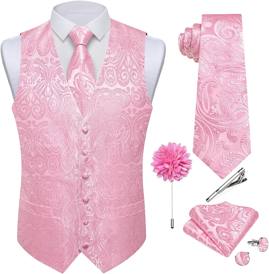 Conjunto de Gravata E Colete Masculino com Estampa Paisley, Alfinete de Lapela E Prendedor de Gravata, 7pç, em Seda Tecida, com Decote em V, Ideal para Ocasiões Formais E Eventos Formais