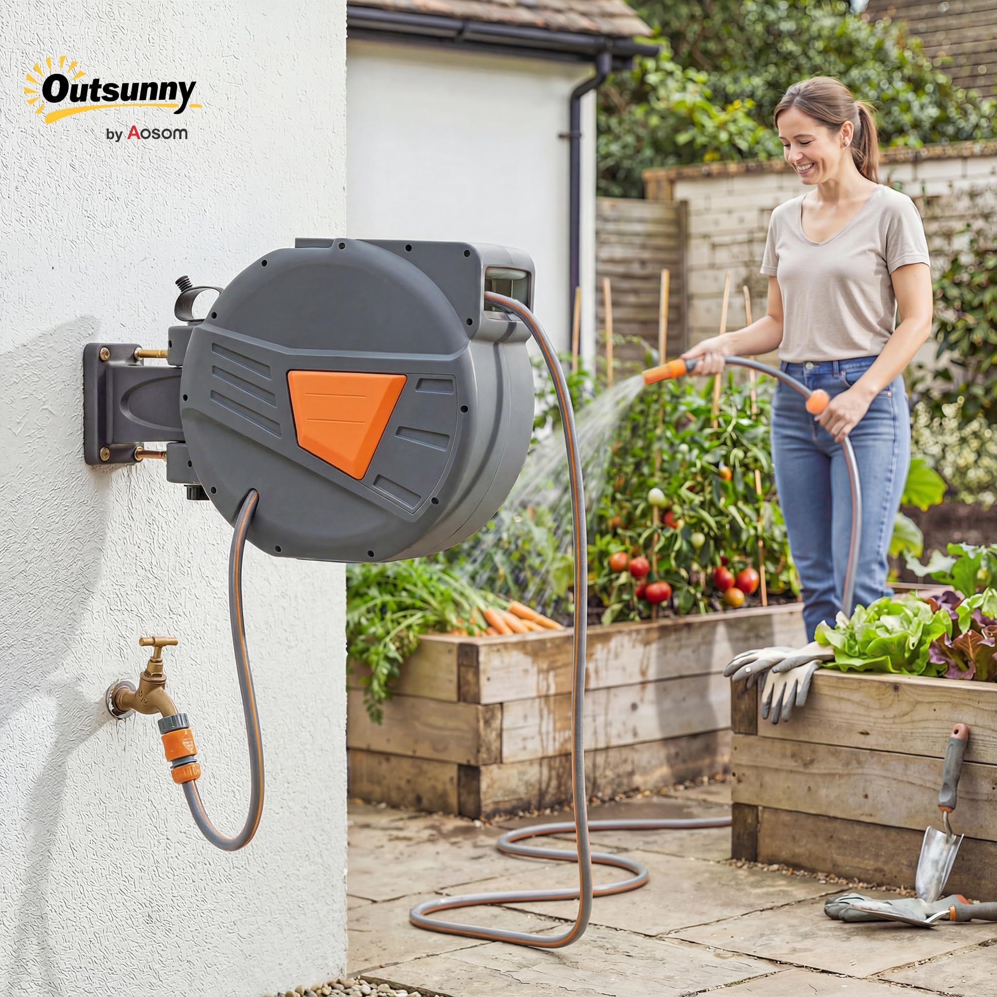Outsunny Enrollador de Manguera para Jardín 20+1,6 m con Boquilla de 2 Modos, Carrete de Manguera de Jardín de Pared con Bloqueo Automático y Retracción Controlada, Soporte Orientable 180°, Naranja