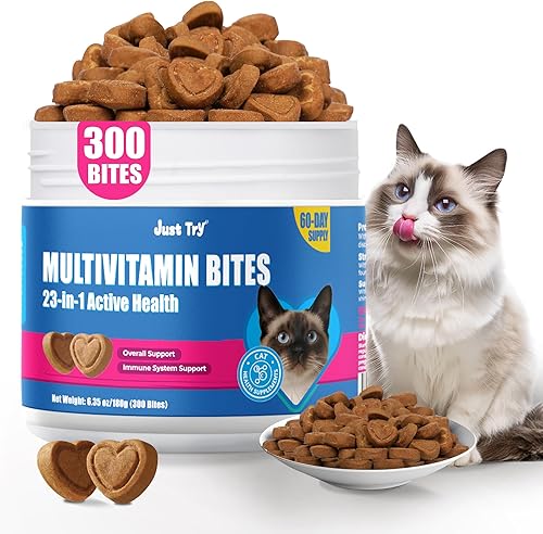 Just Try 23 in 1 Taurine for Cats Vitamins Treats with L-Lysine for Immune, Joint Support Skin & Coat & Heart Health - Multivitamin, Omega 3, Biotin Supplements for Indoor & Senior Cats - 300 Bites