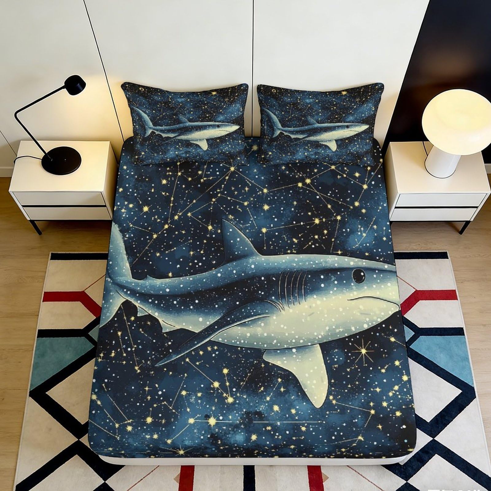 3D Printed Shark Ocean Fitted Sheet Microfiber Soft Breathable Starry Sky Bed Cover for Bedroom Guest Room Mattress Decor 90x200x25cm