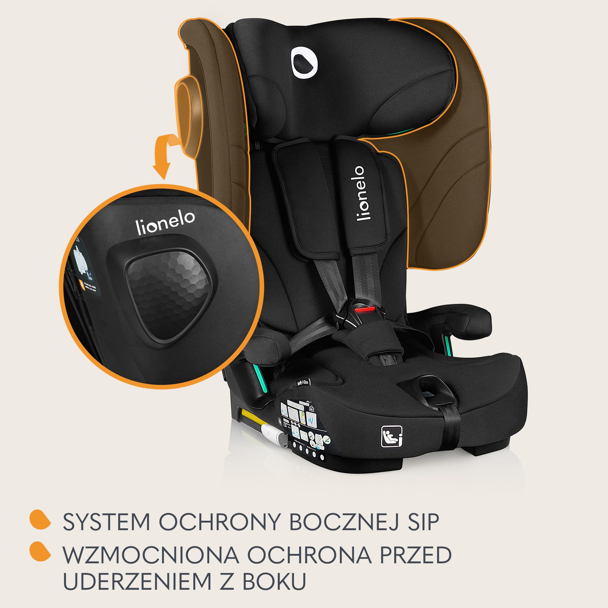 LIONELO Składany fotelik samochodowy Nelly I-Size z ISOFIX dla dzieci ok. 76-150 cm, ochrona boczna paska TT, skierowany do przodu i do tyłu, regulowany zagłówek i oparcie (czarny, 50 x 45 x 58 cm)