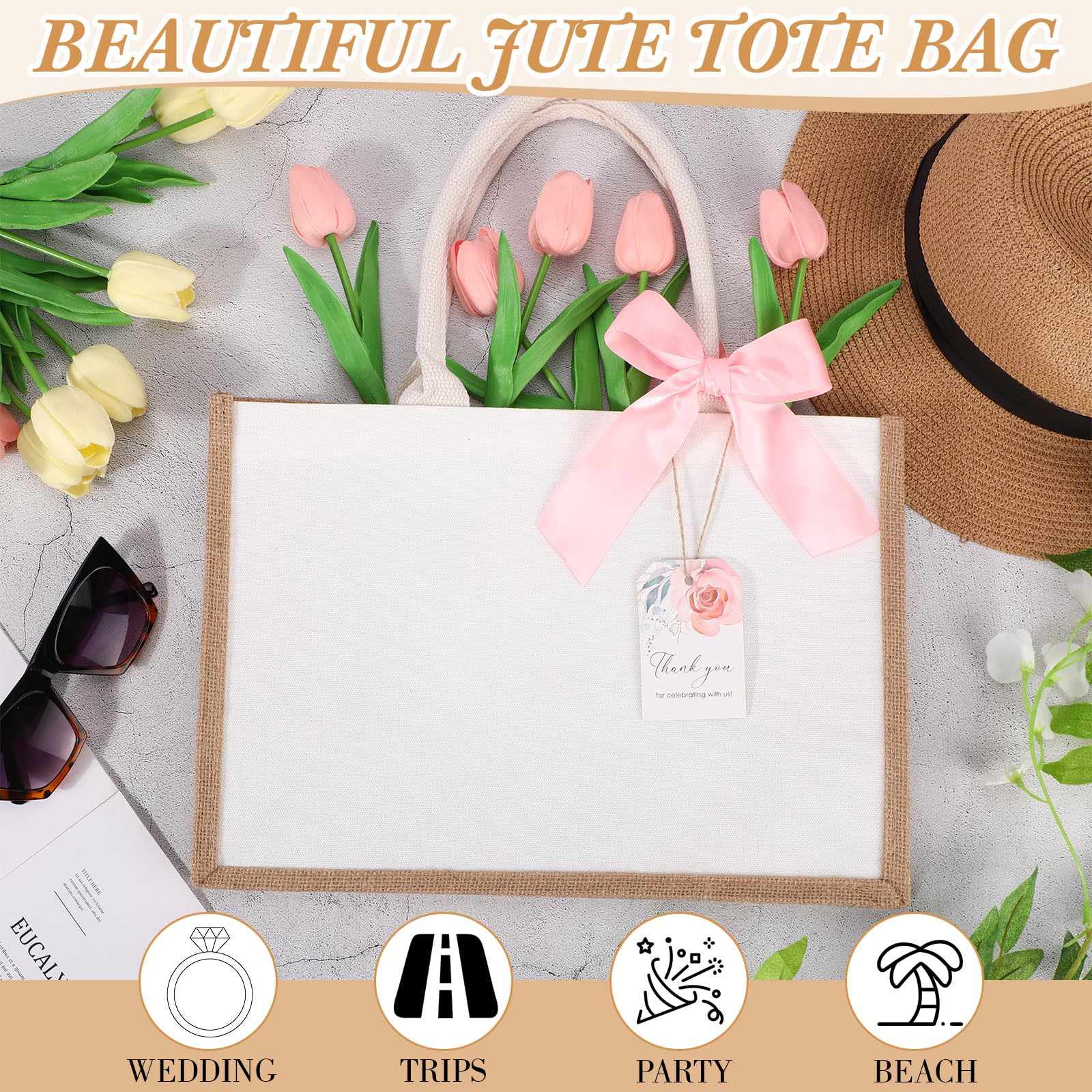 Paterr Confezione da 12 borse regalo in iuta con manici e nastri, riutilizzabili, impermeabili, per damigella d'onore, spiaggia, spesa, matrimoni, 37 x 26 x 17 cm, cachi, bianco