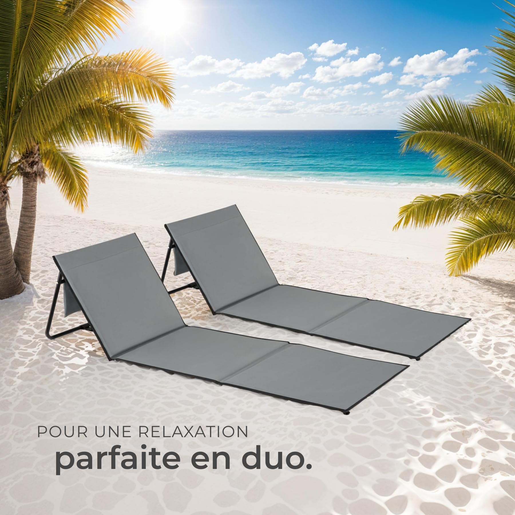 tectake® Lot de 2 Matelas de Plage Pliable avec Dossier Réglable Bain de Soleil Chaise Longue de Plage avec Sangle de Transport, Matelas Pliable 1 Personne idéal Camping, Voyage