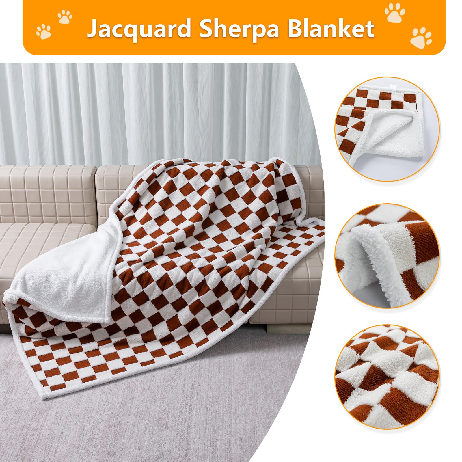 Waterproof Pet Blanket Brown Chercked Dog Throw Blankets for Bed Couch Covers Puppy Cats Stylish Jacquard Sharpa Fleece Mats Pets Sofa Furniture Protection Washable Reversible Covers (Brown Check,L) - Image 2