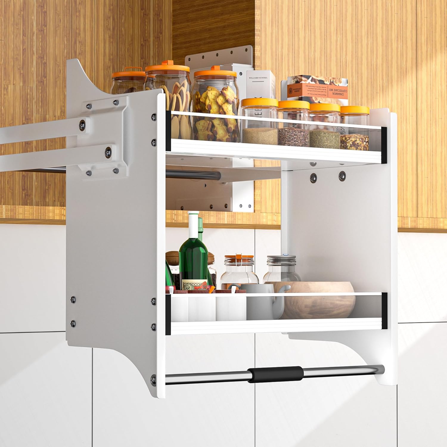 Pull Down Shelf, 2-Tier Organizer for Upper Cabinets - Fits 30-32 Inch Wide Upper Cabinets, Heavy Duty Chrome Steel, Space Saving Storage Solution,White