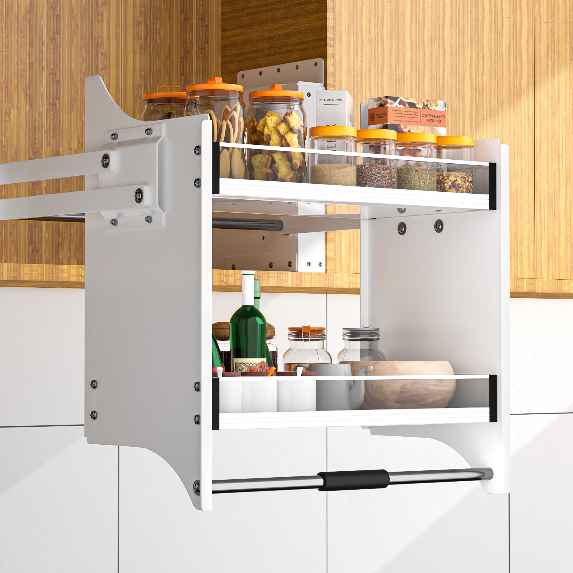 22-35.8 Inch 2-Tier Pull Down Shelf Organizer for Upper Cabinets - Fits 22-24 Inch Wide Upper Cabinets, Heavy Duty Chrome Steel, Space Saving Storage Solution,White-picture-22