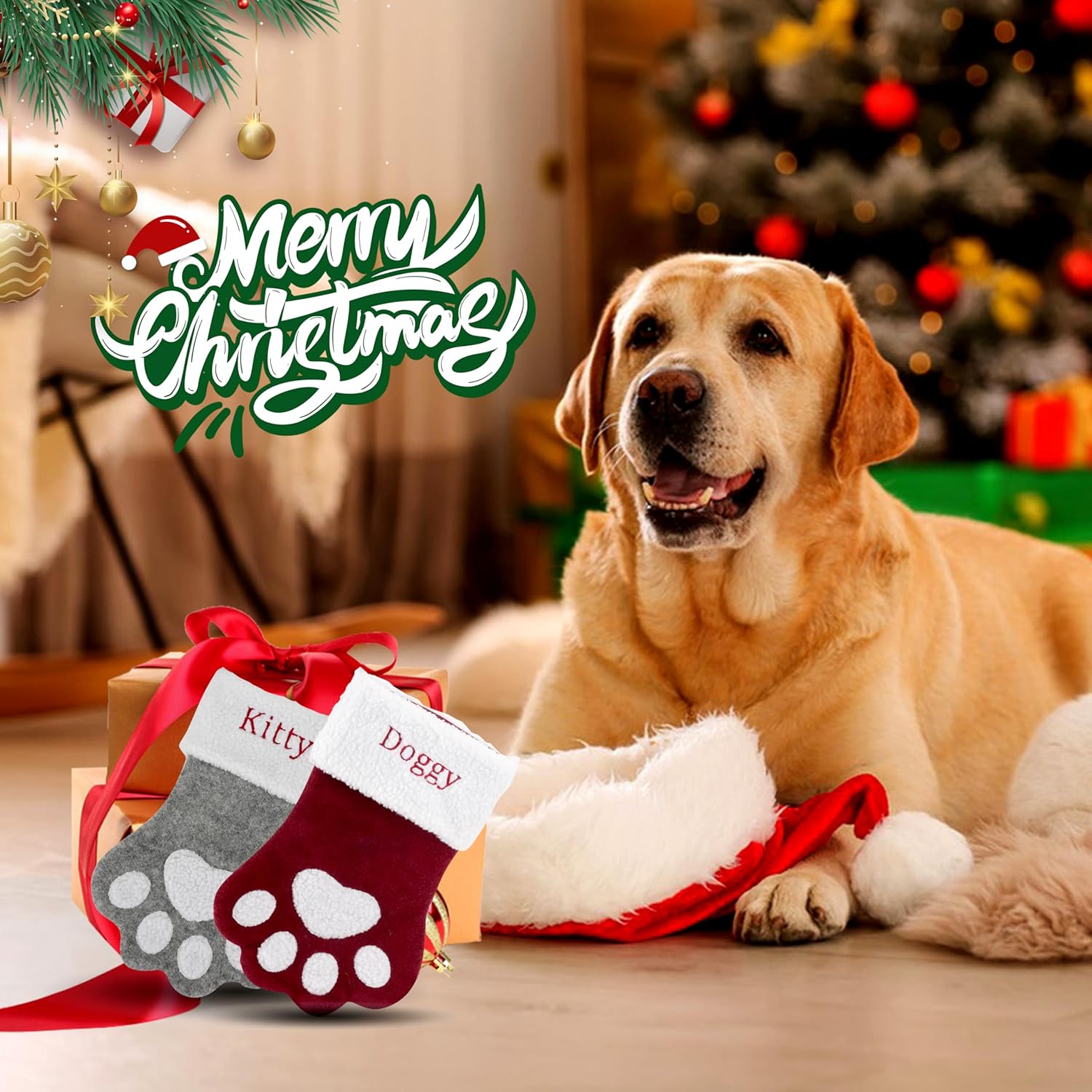Custom Pet Christmas Stocking: Large Personalized Embroidered Name Stocking for Dogs Cats Pets, Paw Shape Xmas Stocking Fireplace Hanging Stockings Family Holiday Stockings (3 pcs)