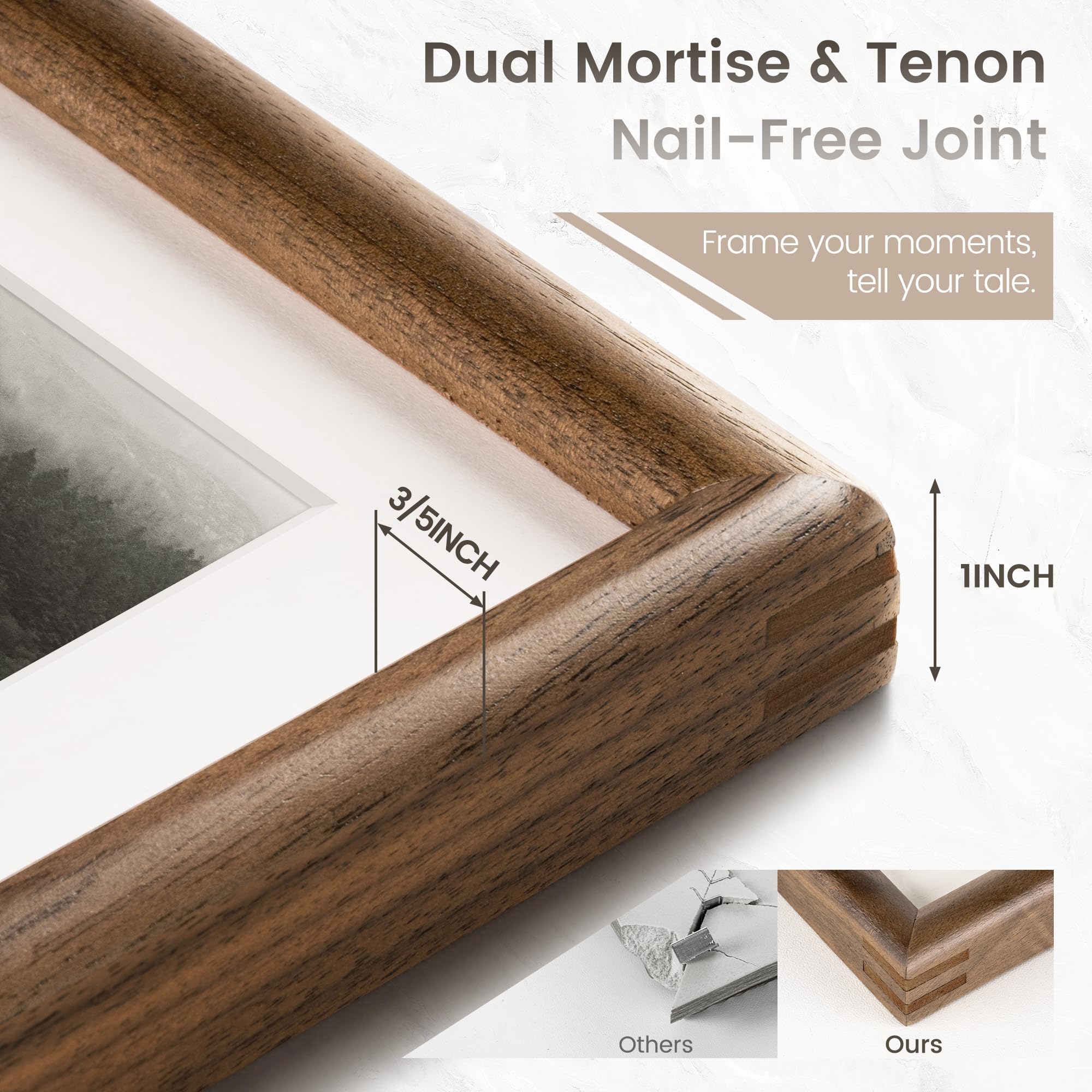 Venusmiles Portarretratos de 18 x 24 pulgadas con paspartú de 16 x 20 pulgadas, marco de fotos de madera de nogal natural procedente de Estados Unidos con vidrio templado HD, doble mortaja y tiras de