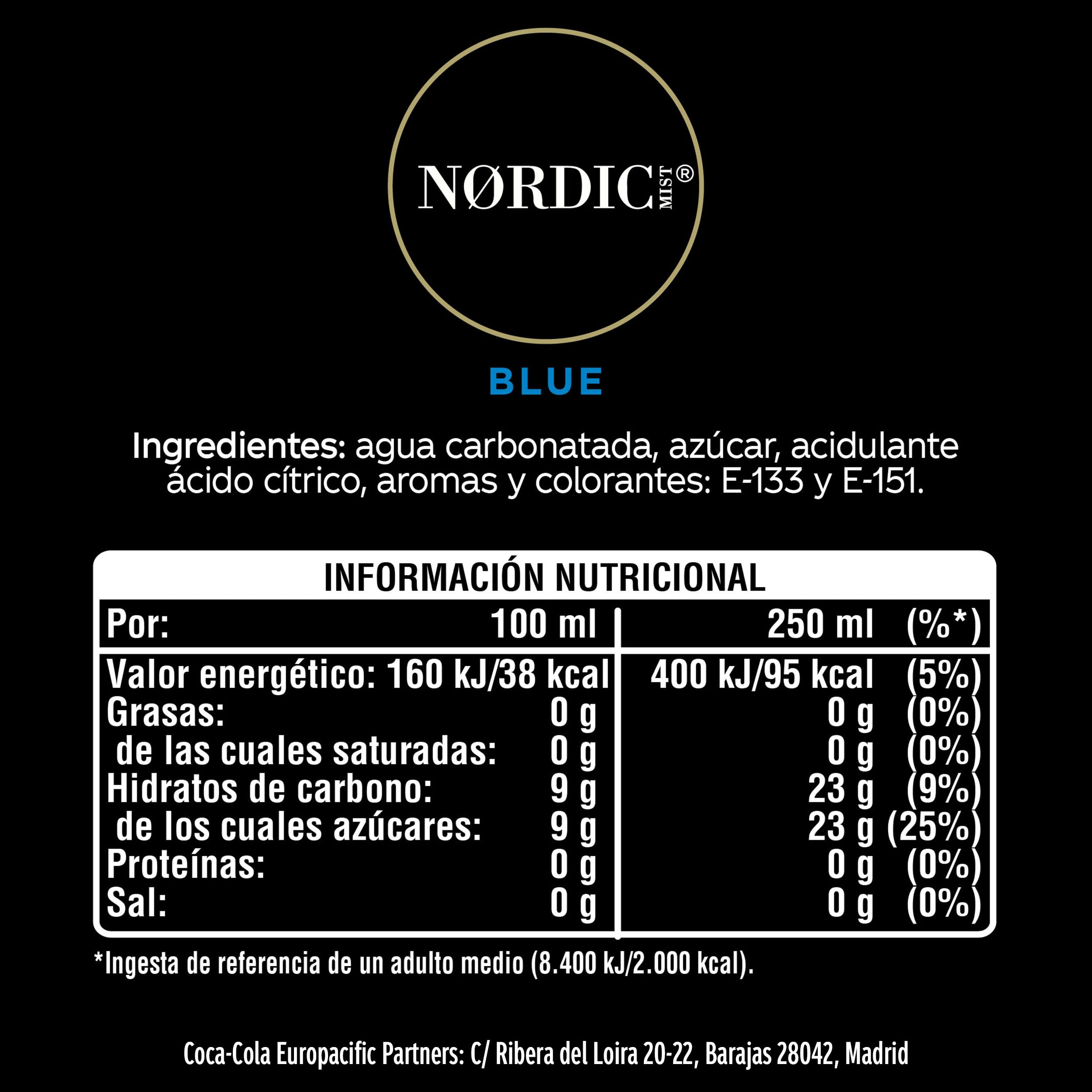 Nordic Mist Mixer Blue Tónica, Bebida Refrescante - Pack de 24 Latas de 250 ml