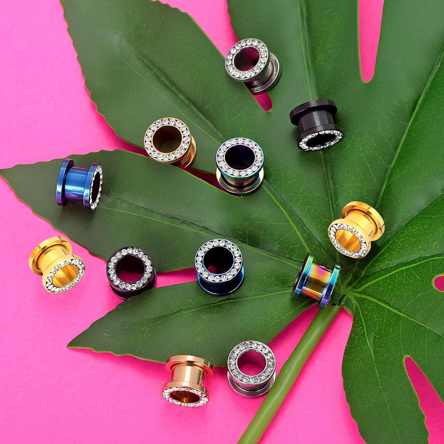 YOFANST 2pcs-12pcs Double Flare Stainless Steel Tunnels Gauges Screwed Gem Rhinestones Tunnels Plugs Stretcher Jewelry