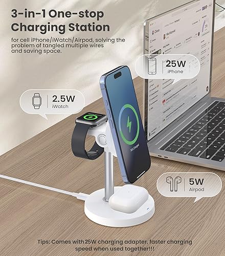 Miniatura 3 de Estación de carga inalámbrica 3 en 1 Qi2 Mag-Safe Cargador para Apple, soporte de cargador inalámbrico rápido de 25 W para iPhone 16/15/14/13/12,