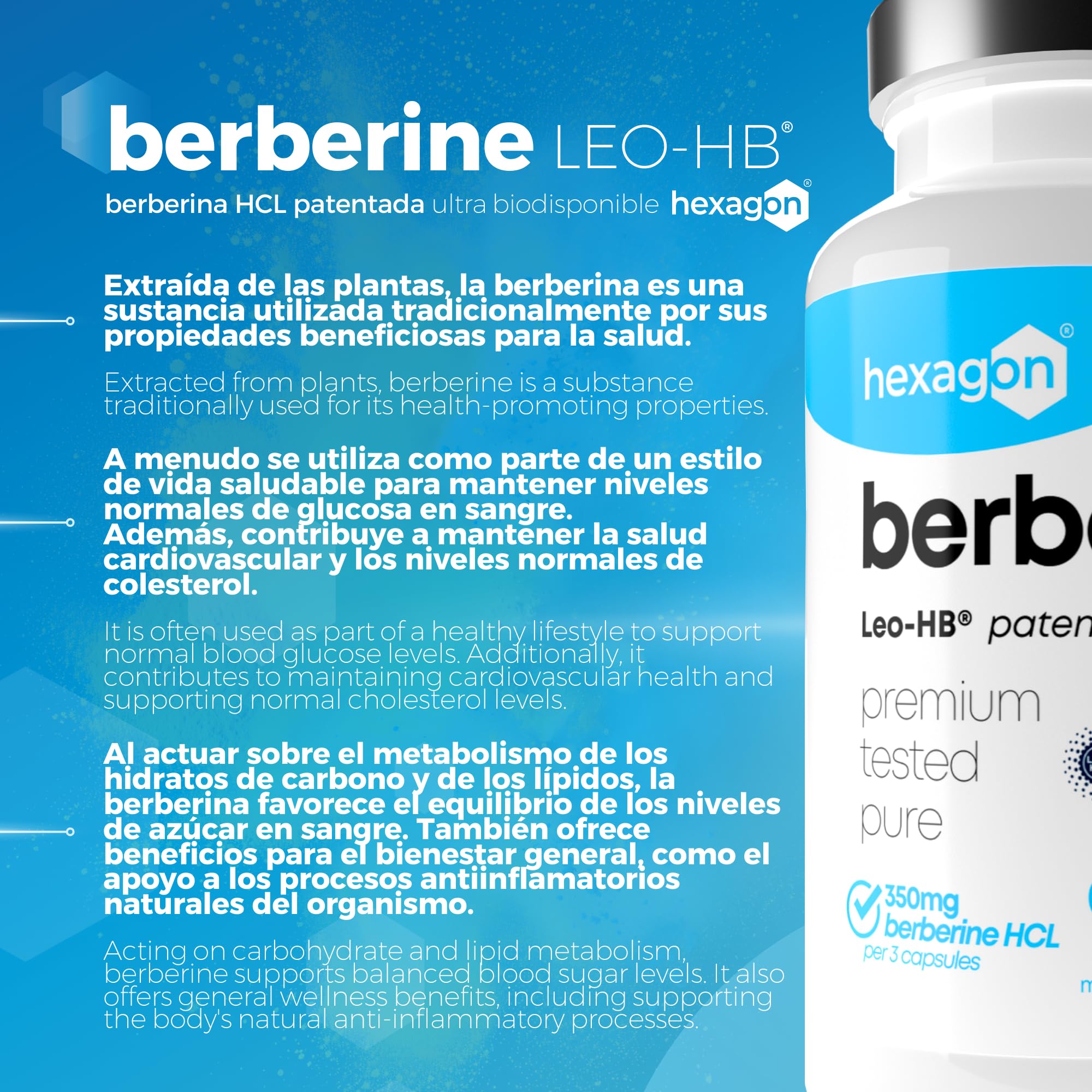 BERBERINA - Patente LEO-HB®, 4x Disponibilidad Superior - Hasta +3 Meses de Curación - Berberina HCL de Berberis Aristata - Apoyo Metabólico - Made in France - 90 Cápsulas - Hexagon