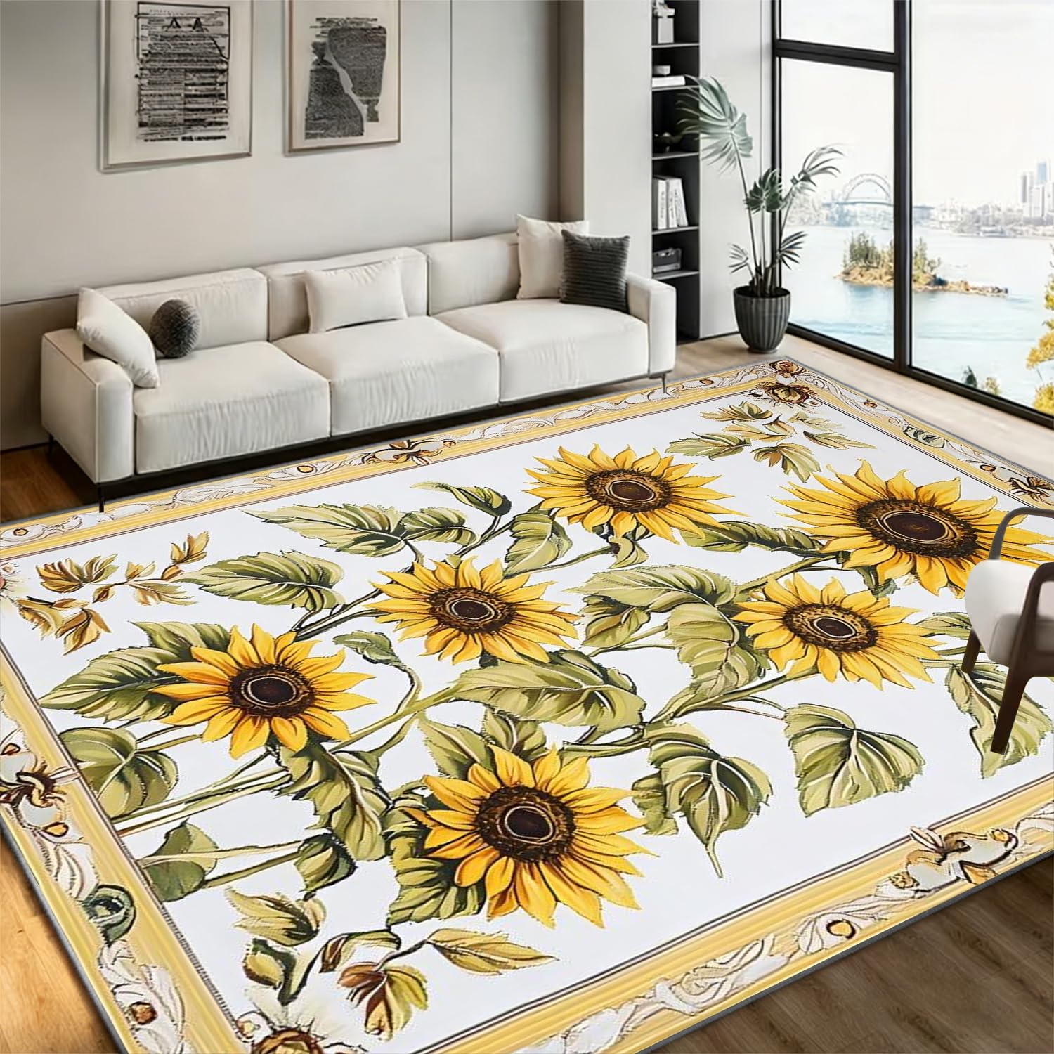 Bycmuoz 3D Sunflowers Carpet for Bedroom, 140x200cm, Vintage Countryside Flowers Indoor Long Rug, Green Botanical Rubber Backed Dirty Resistant with Non Slip Backing Carpets for Front Entrance
