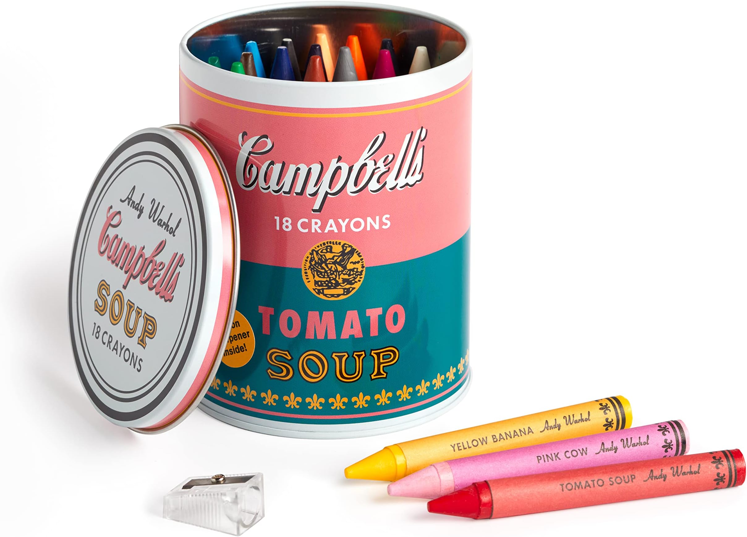 Mudpuppy Andy Warhol Inspired Extra Thick Crayons and Sharpener Set in Soup Can Shaped Tin, Pink,Yellow