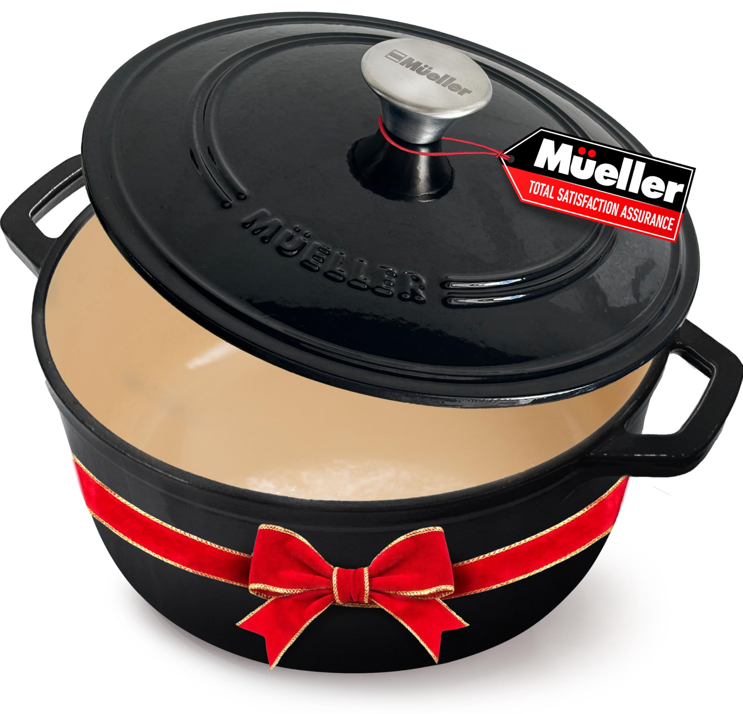 MÜELLERHOME 6 Quart Enameled Cast Iron Pot Dutch Oven, Heavy-Duty Oven-Safe up to 500° F, & Across All Cooktops, Casserole Dishes for Ovens, Bread Pan with Lid and Knob, Cast Iron Cookware, Black