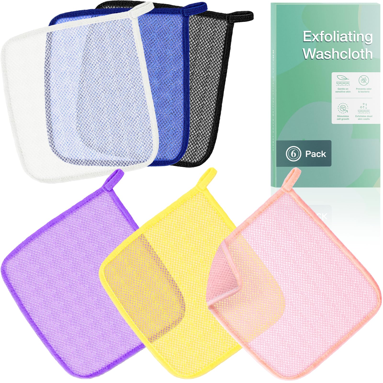African Net Sponge Exfoliating Washcloths 6 Pack - Double Sided Bath Scrub Cloths for Deep Cleaning Face & Body - Revitalize Skin - All Skin Types (Yellow, Pink, Purple, Black, Blue, White)