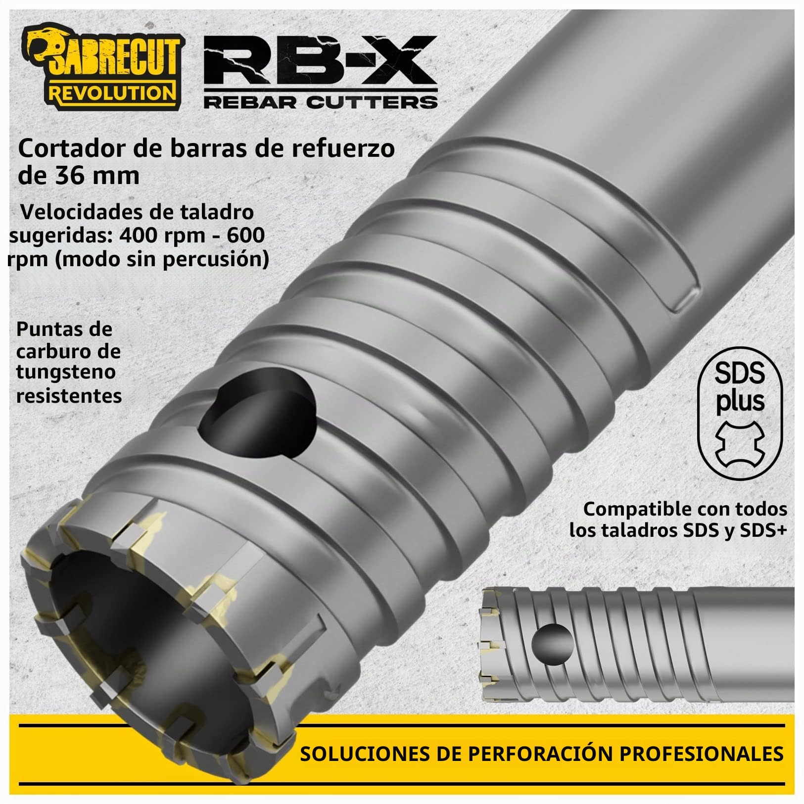 SabreCut 1pc SCRB36 36mm x 300mm Brocas Resistente | Puntas carburo de tungsteno y soldadura precisa cortan duraderamente varilla embebida