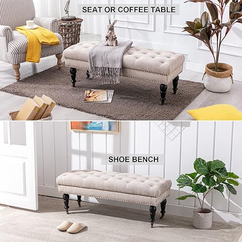 Miniatura 3 de DUOMAY Banco otomano moderno, banco otomano tapizado de sherpa blanco, con botones, para dormitorio, sala de estar, entrada, 45 pulgadas de ancho x
