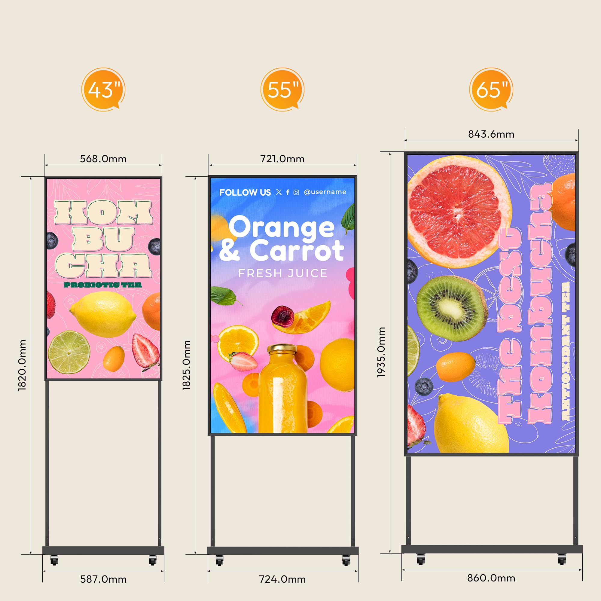 65" Écran publicitaire 3000 Nits, IPS Ecran Publicitaire 4K Affichage sur Pied avec Auto-Luminosité, cms/USB/WiFi/HDMI, Totem Affichage Publicitaire pour Vitrine, Restaurants et Entreprise