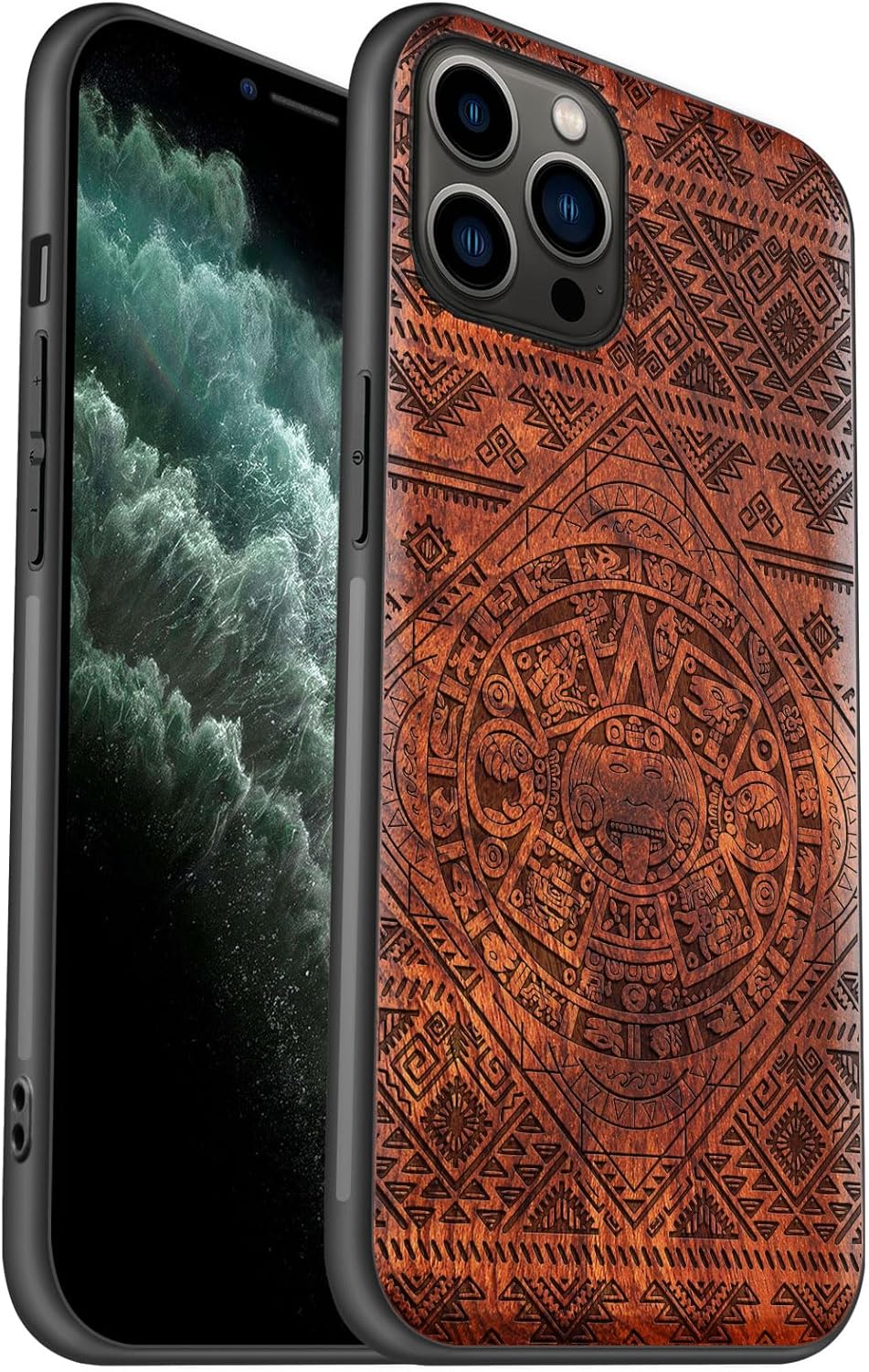 Carveit Wood Case for iPhone 11 Pro Max Case [Solid Wood & Black Soft TPU] Shockproof Protective Cover Unique Wooden Phone Protector Compatible with 11 Pro Max (Aztec Calendar-Rosy)