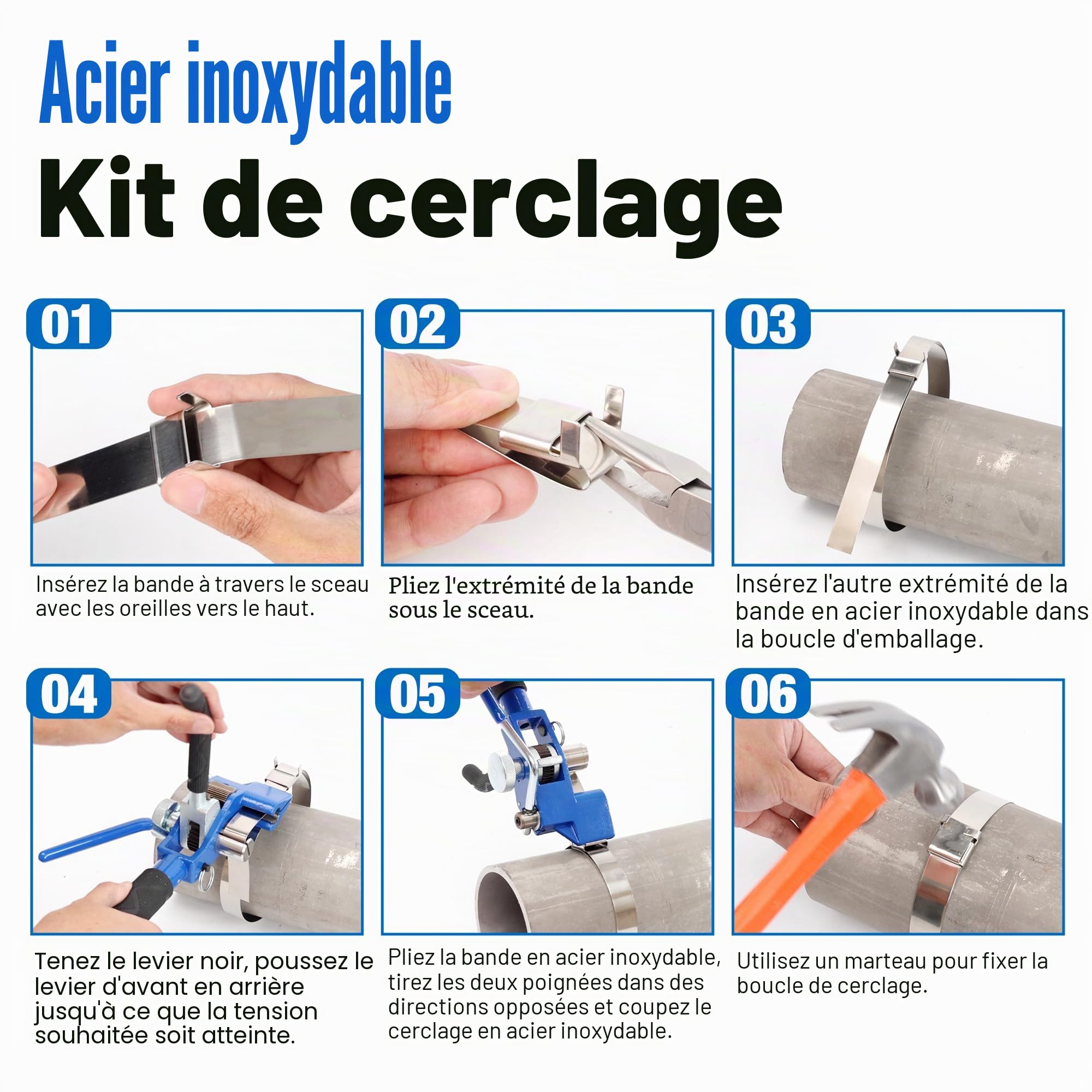 U.S. Solid Lot de bandes en acier inoxydable 304 – Pince de cerclage avec rouleau de ruban de 19 mm x 30 m, 100 clips de sécurité + marteau pour emballage stable de palette