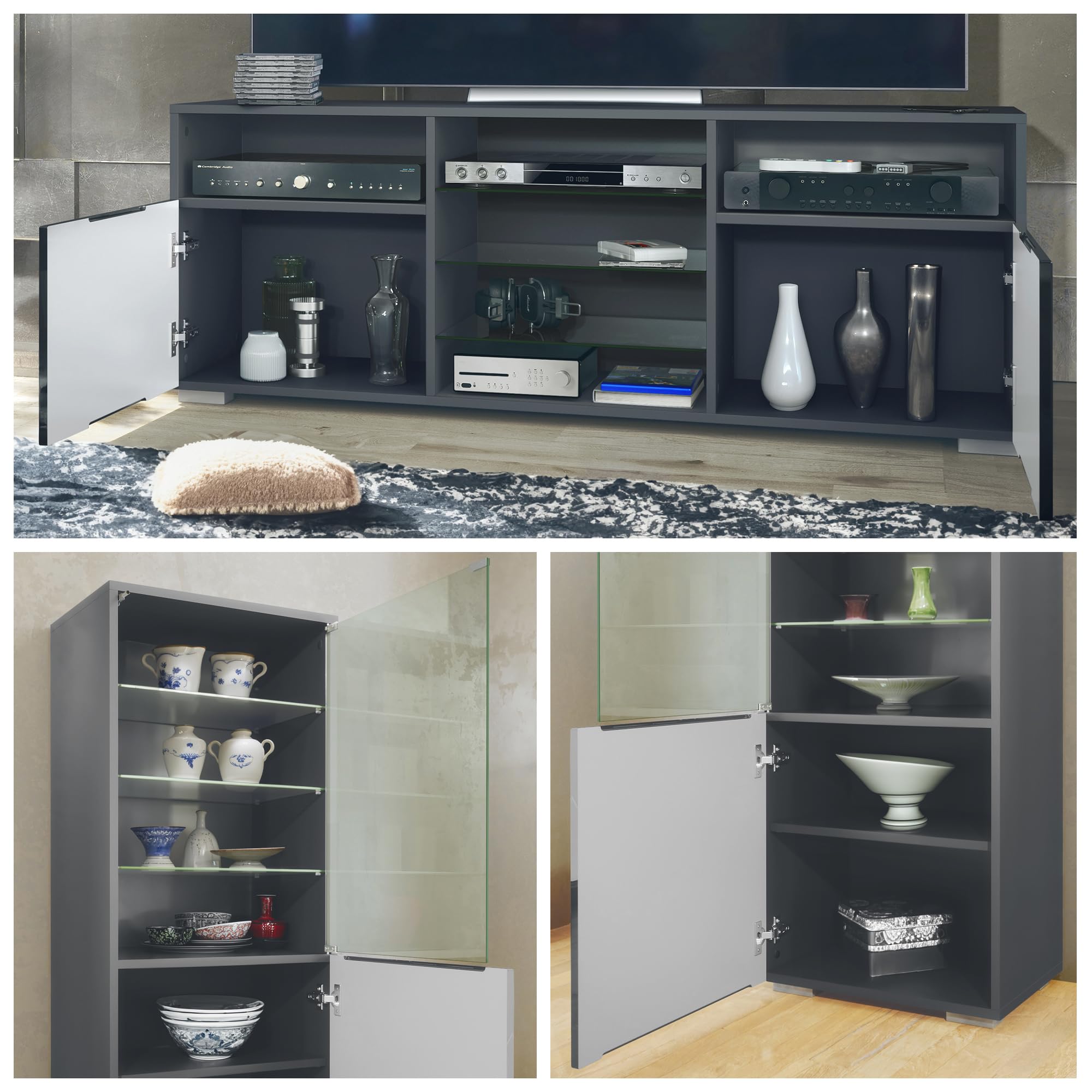 Vladon Wohnwand Granada - Anbauwand Mit 2 Vitrinen & TV-Board Anthrazit 286cm