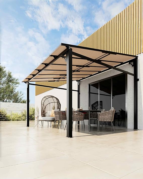 10'x 12' Lean to Gazebo, Hardtop Wall Pergola with Polycarbonate Roof, Aluminum Frame Slant Mounted Gazebo for Lawn Patio Deck Yard and Party