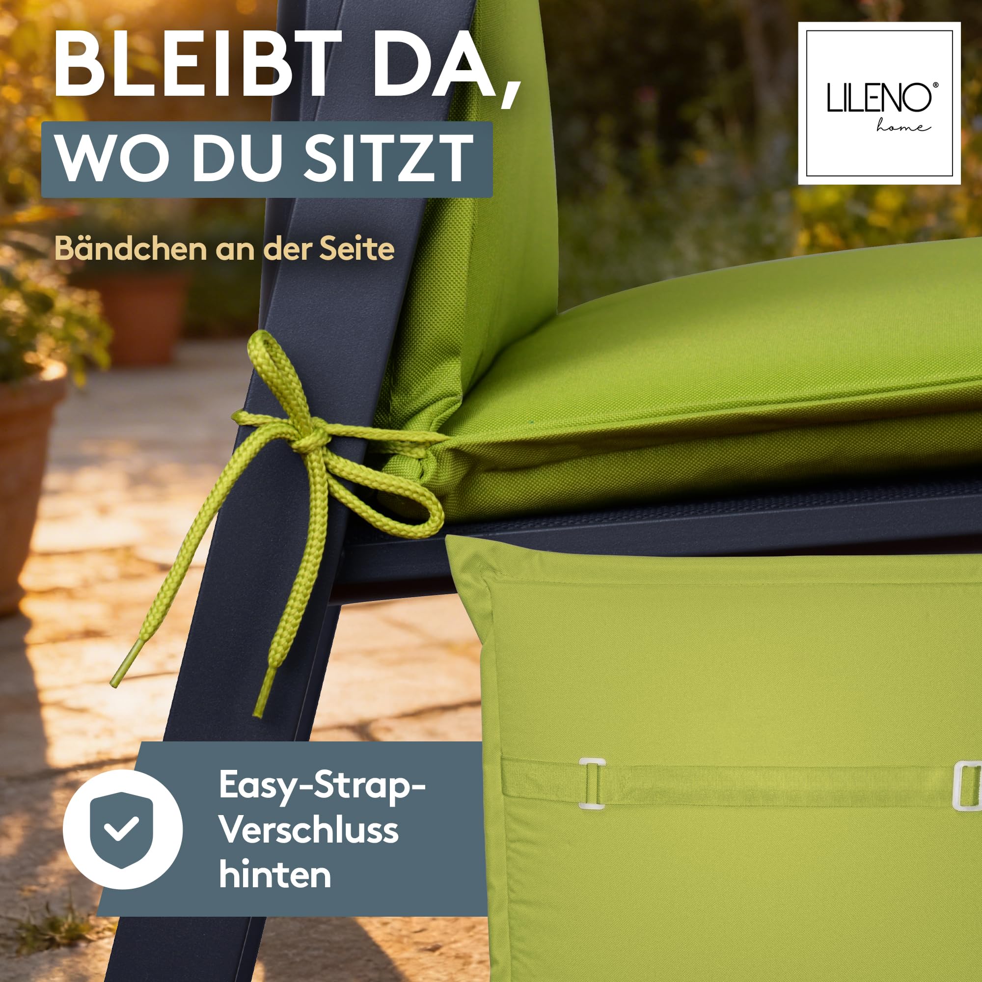 LILENO HOME Gartenstuhl Auflagen [4er Set - Hochlehner] in Apfelgrün - Bequeme Liegen als Sitzauflagen für Gartenmöbel - Stuhlkissen für Gartenstühle und Klappstühle MIA