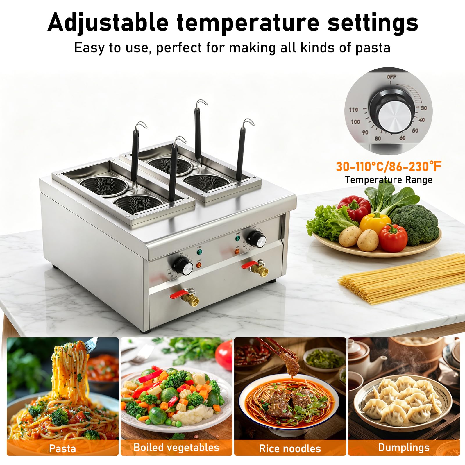 Cuocipasta elettrico a 4 cestini, 2 x 2000 W, in acciaio inox, 2 cuocipasta da 9 l, intervallo di temperatura 30-110 °C, pentola per pasta con 4 cestini per pasta e 2 coperchi, per cucine, ristoranti