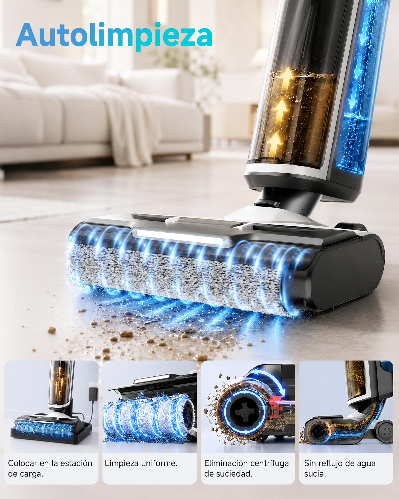 Hearten Fregona Electrica Sin Cable, 25 kPa de Gran succión, con Agua electrolizada, Ligera, Diseño Autopropulsado, Navegación por Voz, Autolimpieza, Antienredo, Limpieza de Bordes, LED Pantalla