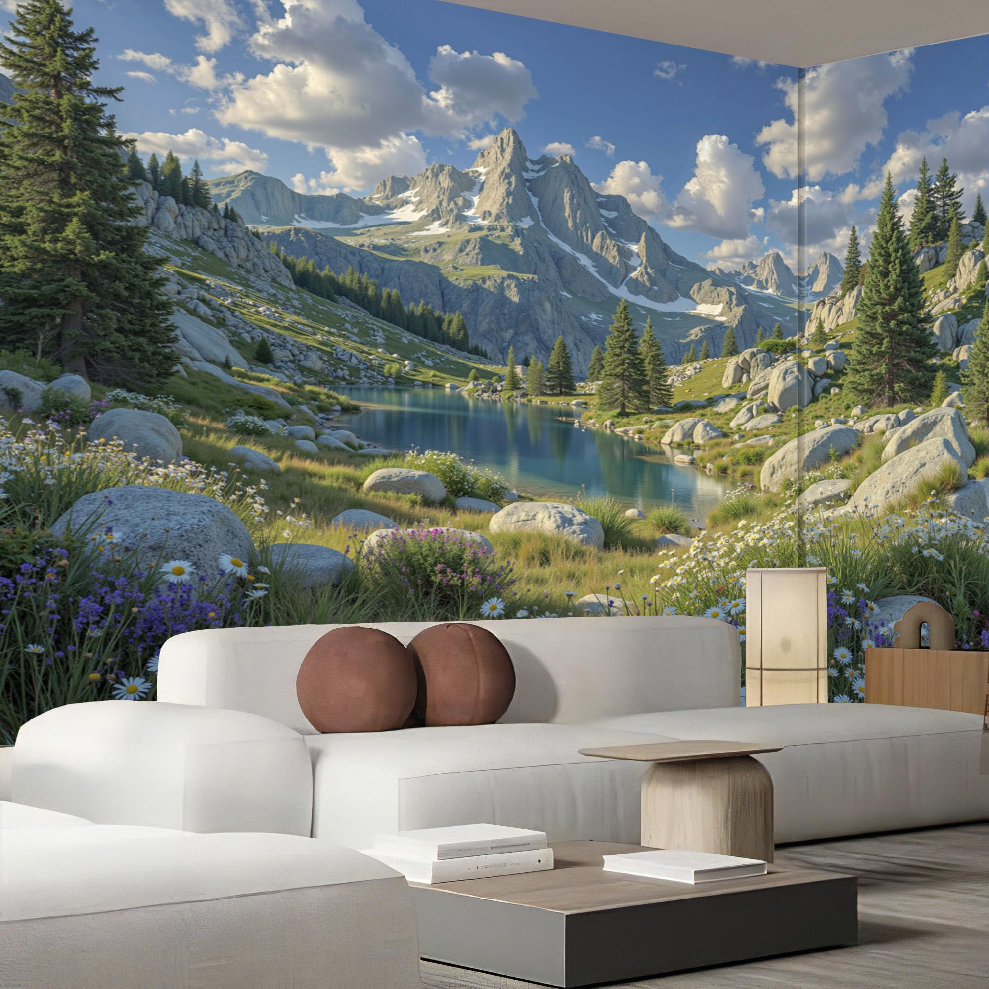 Papier peint panoramique vert sauge pour agrandir un salon avec un paysage