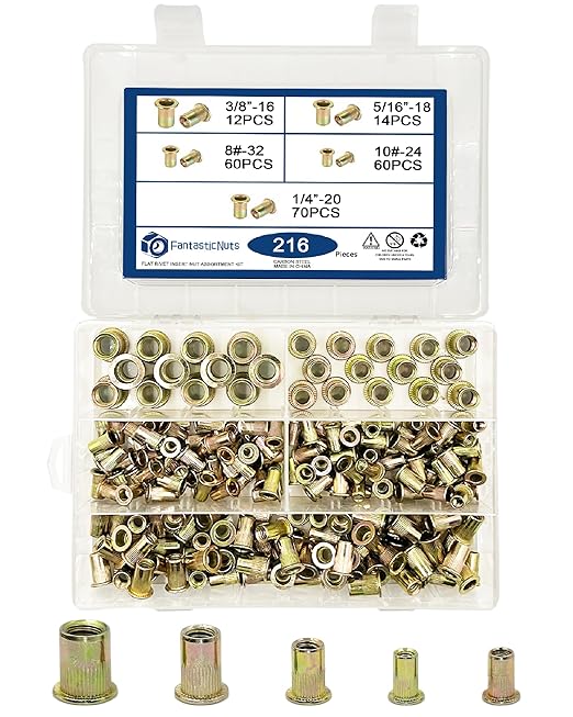 SAE 216Pcs Rivet Nut Assortment Kit Carbon Steel, Yellow Zinc Plated, Various Sizes #8-32, #10-24, 1/4"-20, 3/8"-16, 5/16"-18 UNC Rivet nut Threads