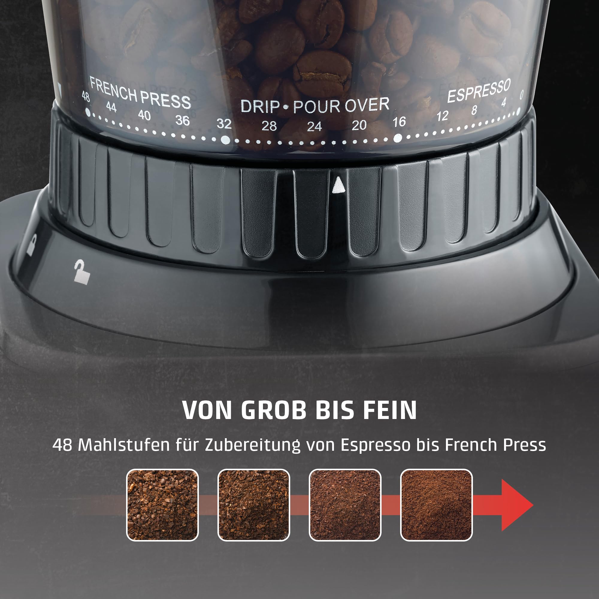 CASO BaristaChef Inox - elektrische Kaffeemühle, Testurteil: Sehr Gut, Edelstahl-Kegelmahlwerk, mit Siebträgerhalterung, 48 präzise Mahlgradstufen