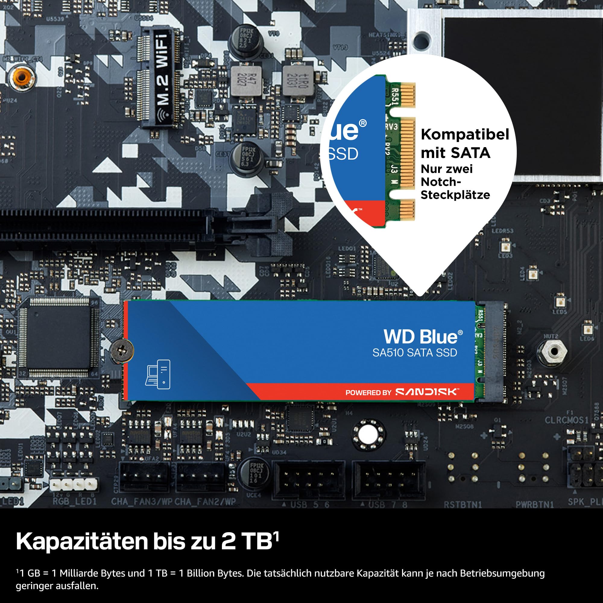 WD Blue SA510 SATA SSD 250 GB M.2 2280 (Lesen bis 555 MB/s, Schreiben bis 440 MB/s, Upgrade für PC/Laptop, dreimonatiges Probeabo von Dropbox Professional, Western Digital SSD Dashboard)