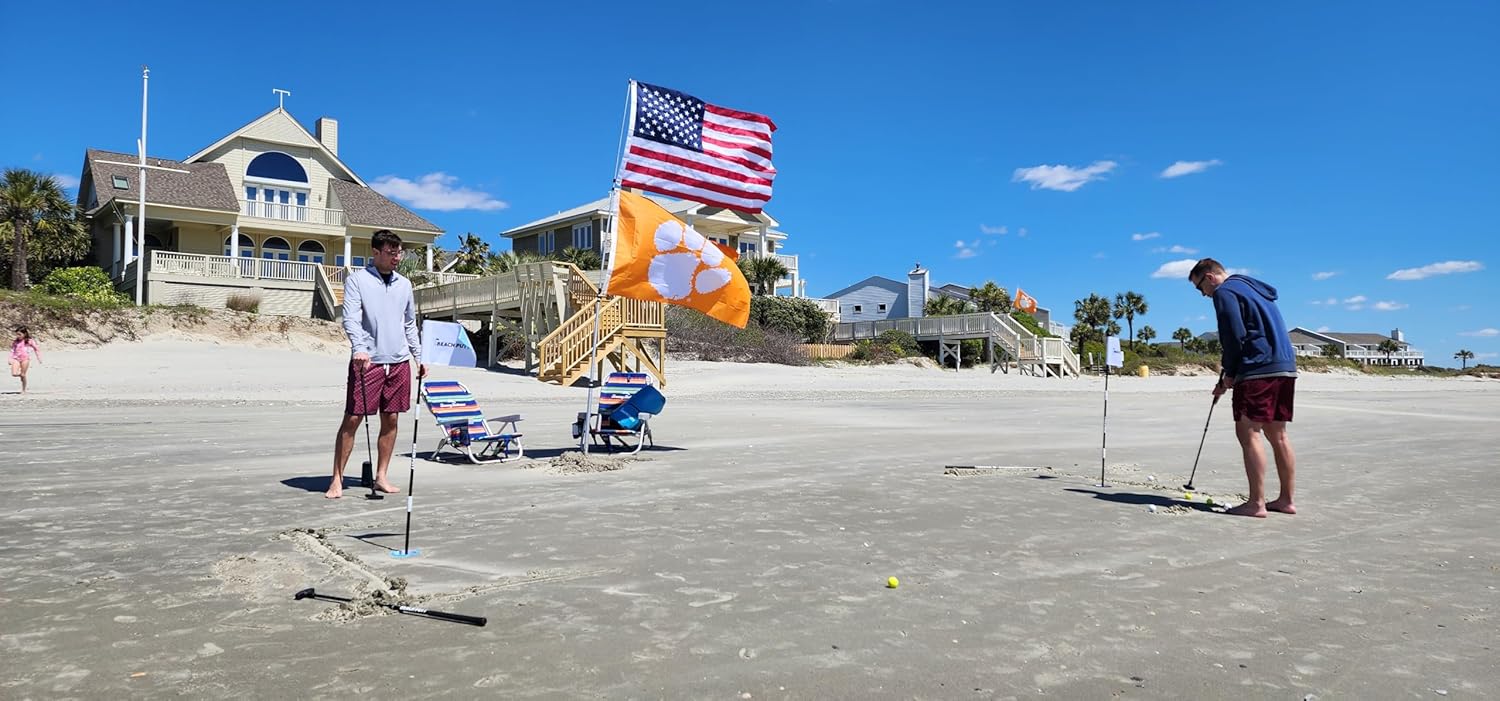 Beach Putt Beach Golf Set - Bring Your Golf Game to The Beach - with (2) Adjustable putters, wateproof Dry Bag, Flags, Cups, Balls and Sand Scoop.