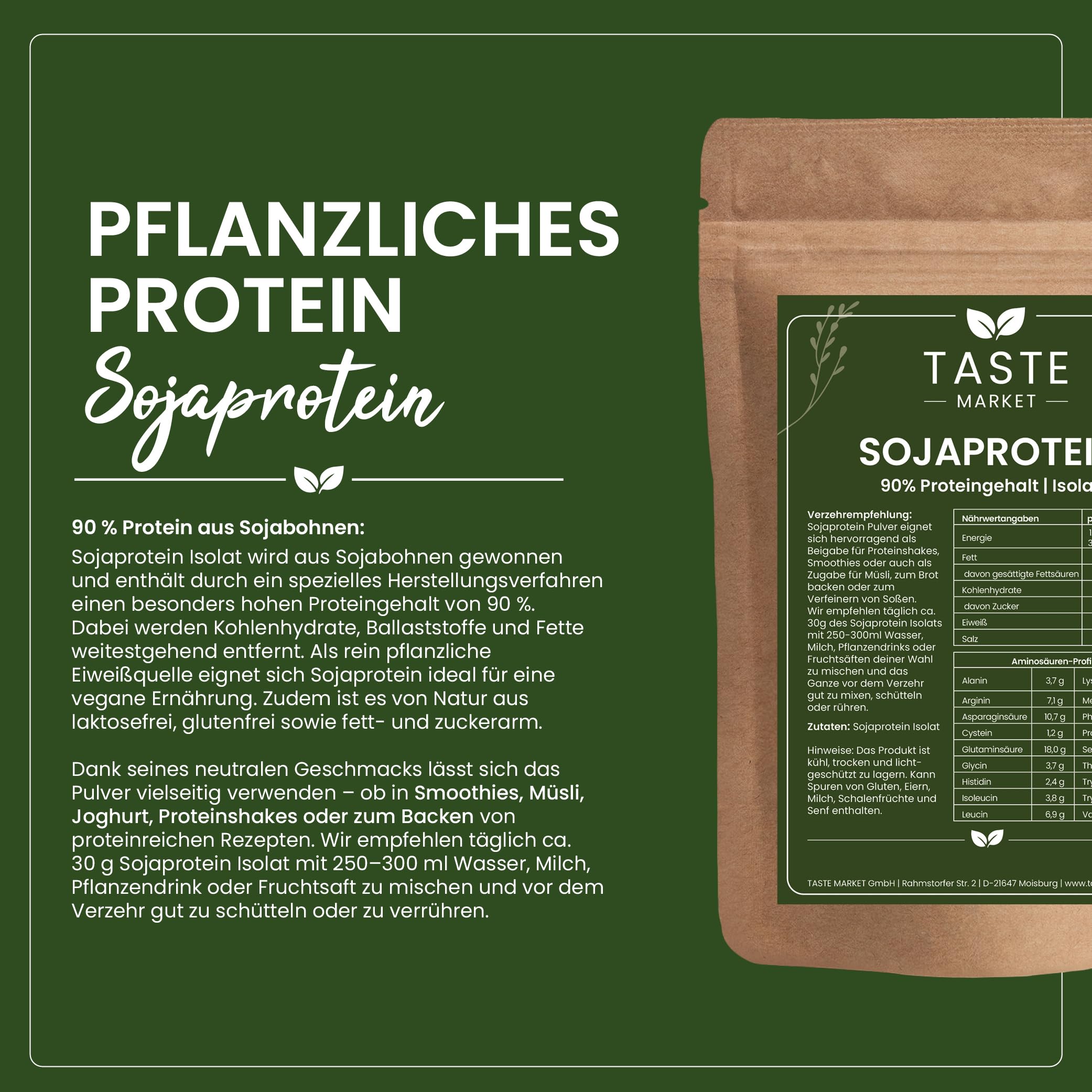 20 kg Sojaprotein Isolat | Soja Protein Pulver | 90% Proteingehalt | Vegan | Eiweißpulver | Taste Market