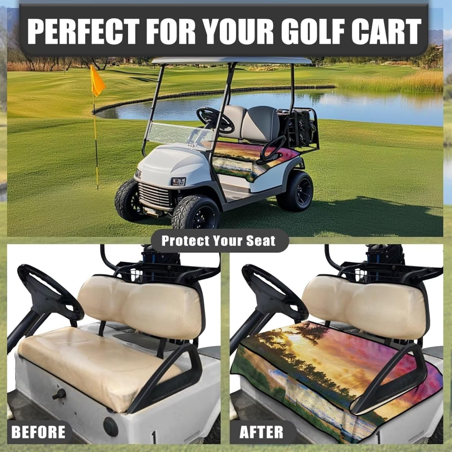 Golf Cart Seat Covers, Easy to Install Convenient Golf Cart Seat Towel Blanket Non-Slip Universal Clean Golf Cart Accessories Setting Sun Tree Sea and Grass Print Polyester Cloth