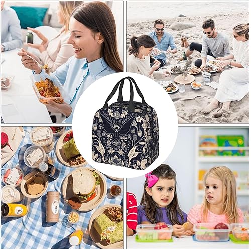 Miniatura 7 de Bolsa de almuerzo con diseño de flores de murciélago para niños, niñas, niños, reutilizable, impermeable, térmica, bolsa de mano para la escuela,