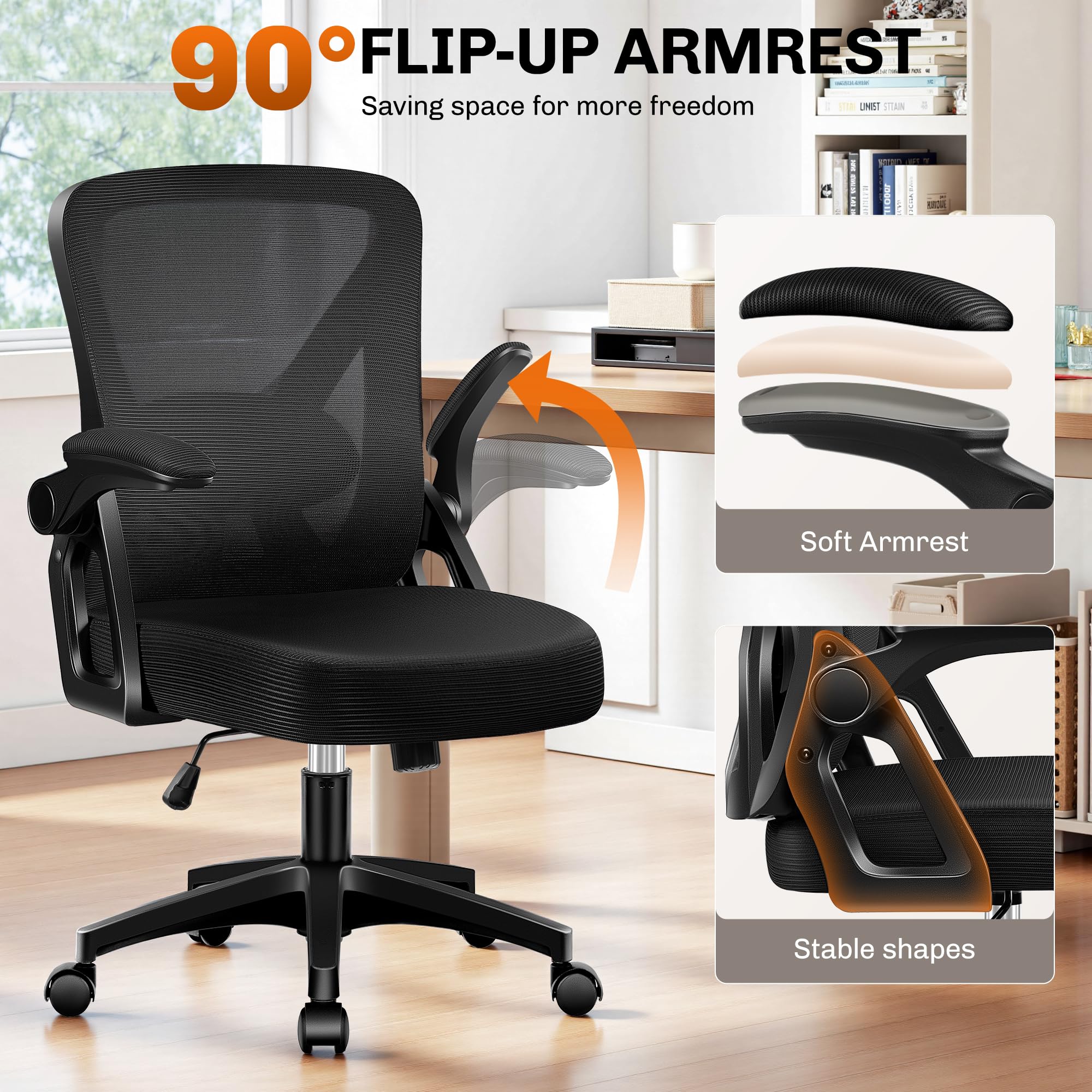 Office Chair, Ergonomic Home Computer Desk Chairs, Comfy Breathable Mesh Chair with Adjustable Lumbar Support Flip-up Armrests, Executive Task Chair with High Back for Home Office Rolling Swivel Chair