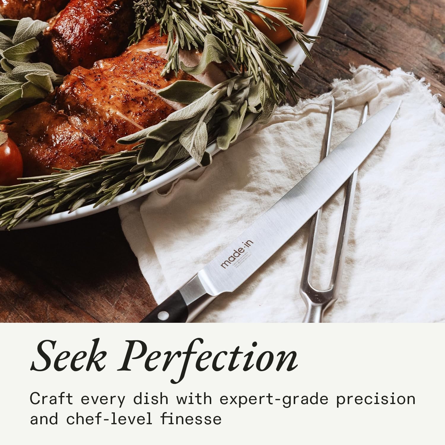 Made In Cookware | Carving Set (Includes Carving Knife and Fork) | Crafted in France | Full Tang with Black POM Handle