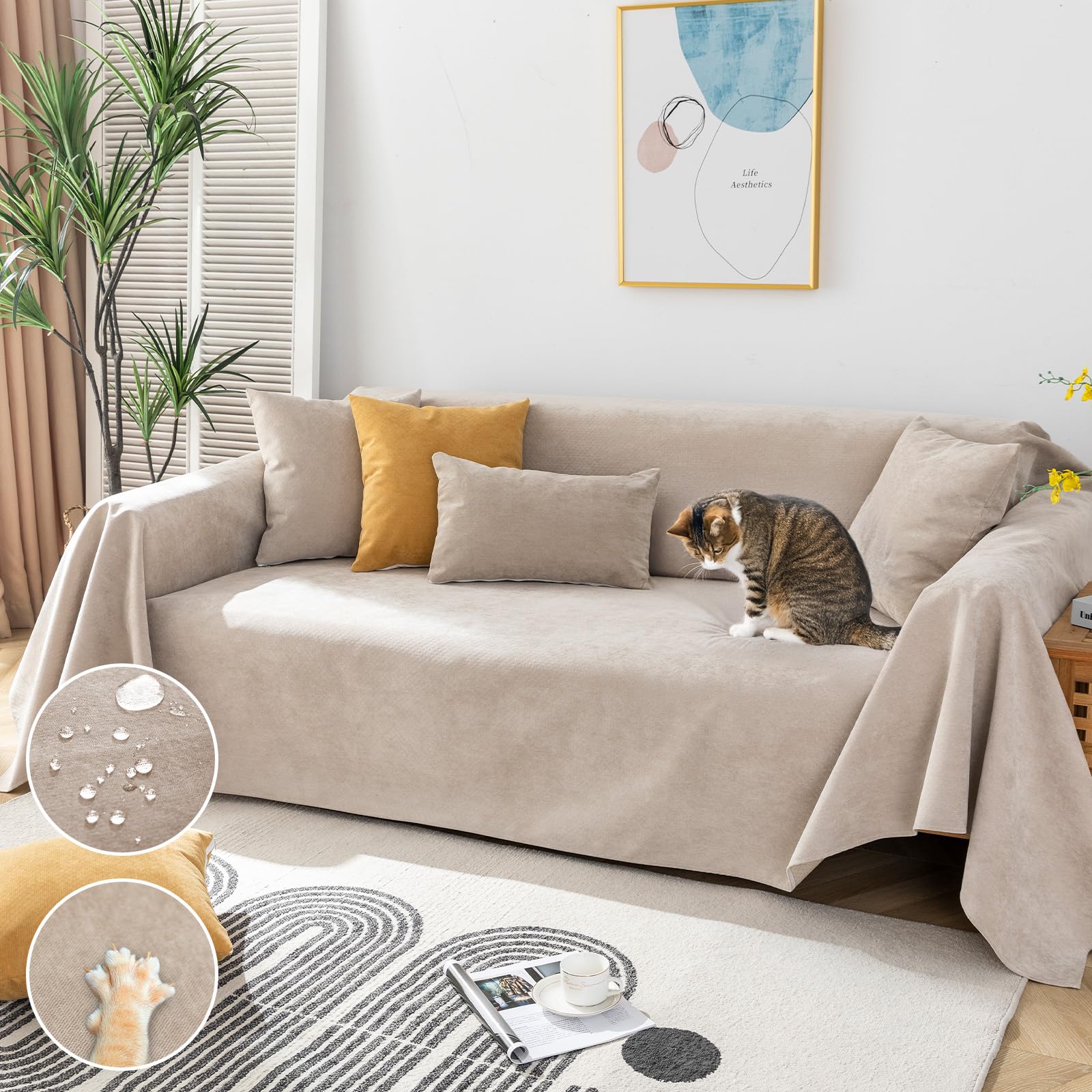 Royhom Impermeable Funda Sofa 2 Plazas, Cubre Sofa Impermeable, Fundas Sofá Chaise Longue​, Resistente a Arañazos de Gatos y Mascotas, Antideslizante, Caqui, 260x180 cm