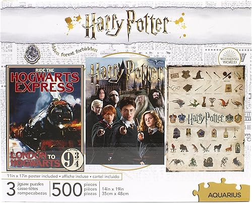 Miniatura 1 de Aquarius Juego de 3 rompecabezas de Harry Potter (tres rompecabezas de 500 piezas), sin deslumbramiento, ajuste de precisión, mercancía y