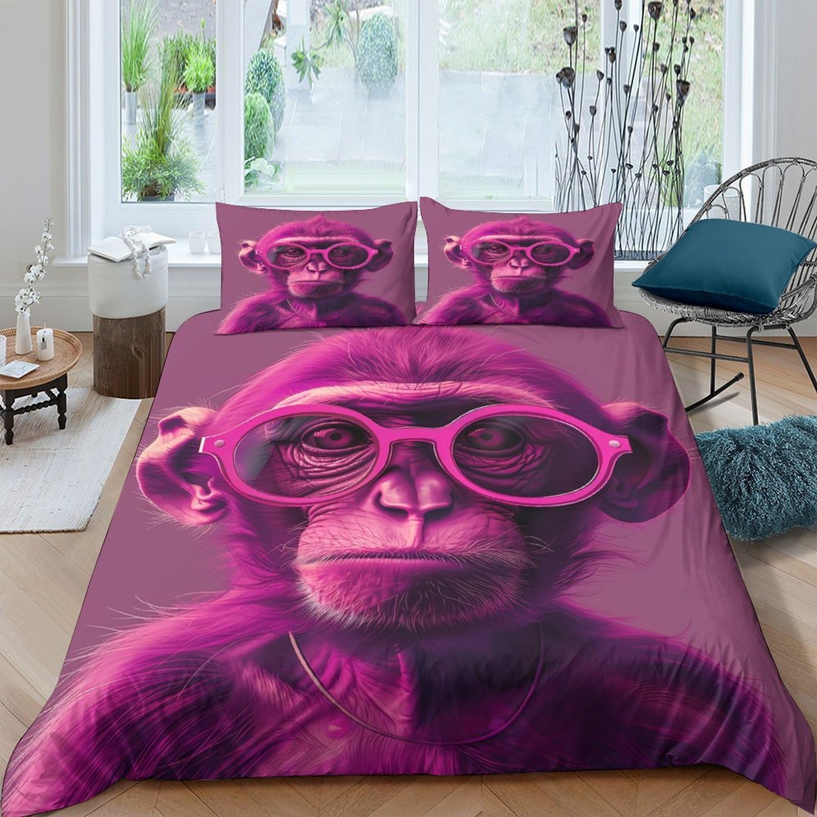 GPLZQXKJNH 3D Printed Pink Monkey Glasses Duvet Cover Microfiber Soft Breathable Animal Bedding Set with 2 Pillowcases for Bedroom Decor Single（135x200cm）