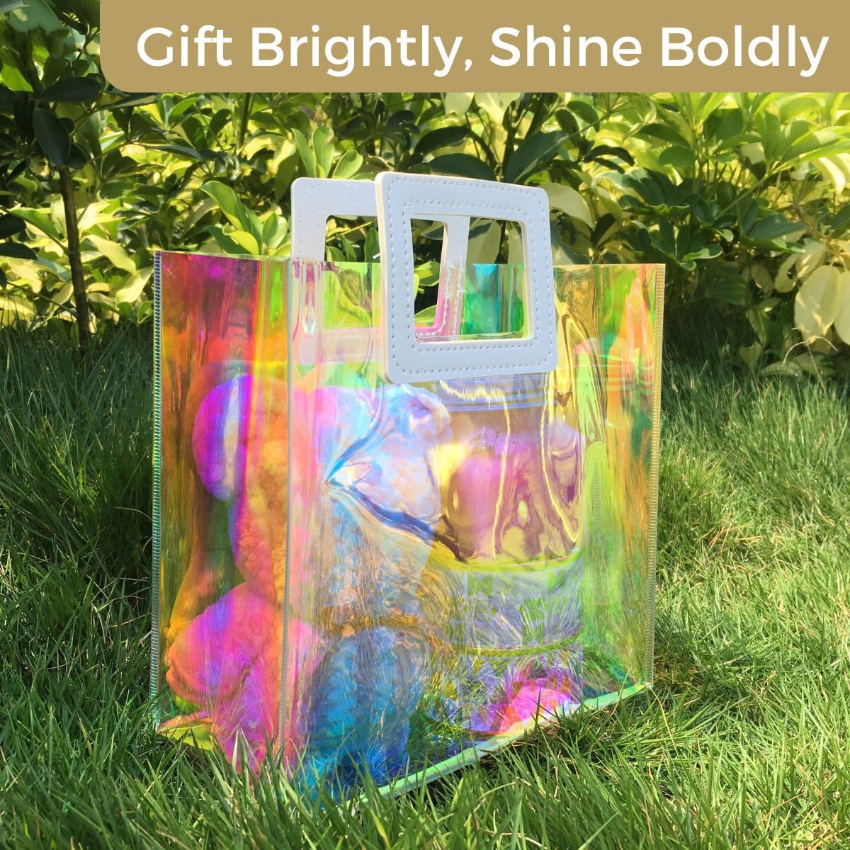 VUOJUR Holographic Gift Bag Medium Size 11x9.8x5.1'' Clear Reusable Birthday Gift Bag for Women Girl Iridescent Bachelorette Wedding Christmas with Handle