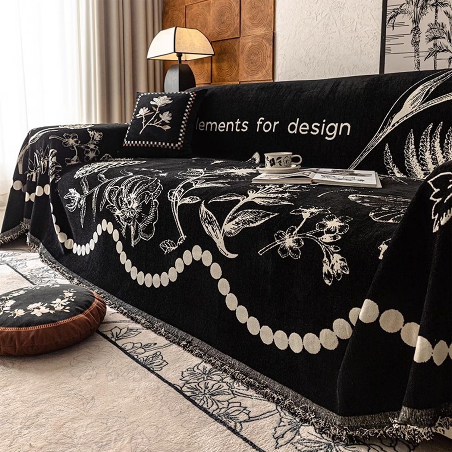 Housse de canapé en chenille noire couverture meubles anti taches pour causeuse