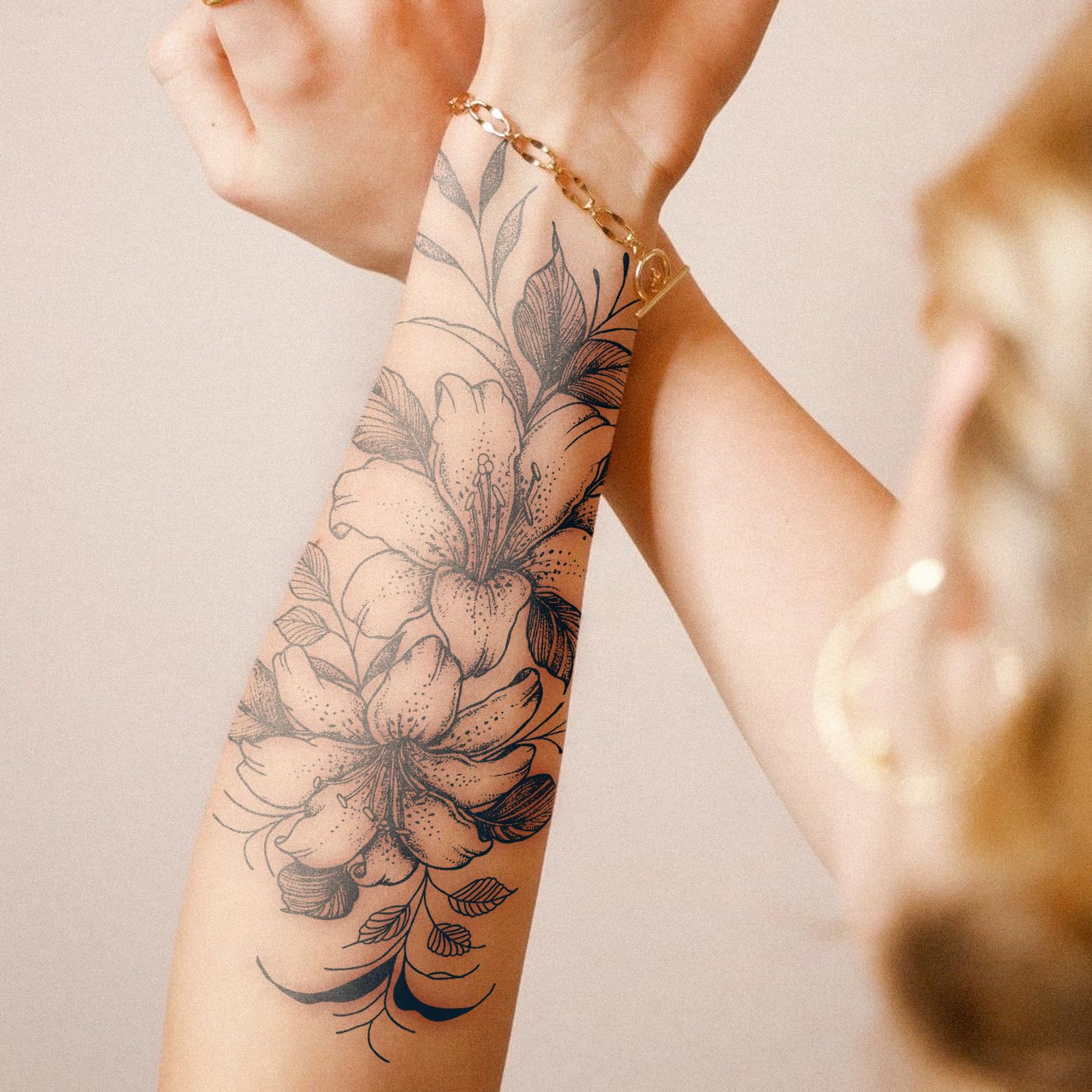 Tattoo Tech, 2 Sheets Large Semi Permanent Tattoo, Lasts 7-15 Days Temporary Tattoos(Flowers with Branches), Waterproof and Non-Reflective, for Arm Thigh Back