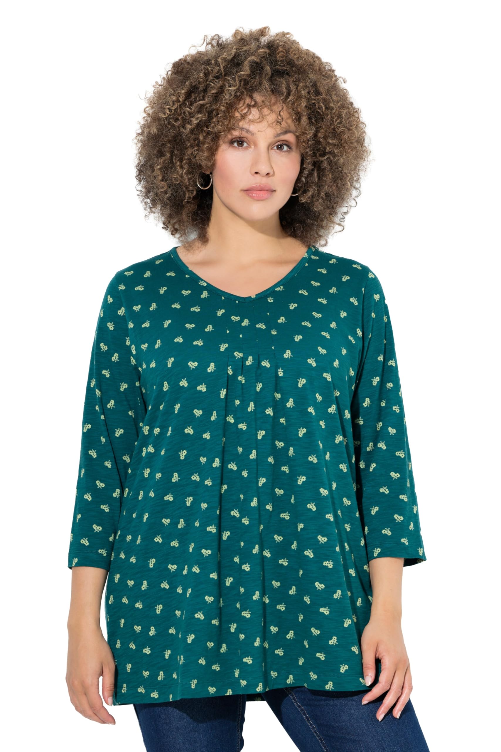 Ulla Popken Damen große Größen Übergrößen Plus Size Shirt, Blüten, A-Linie, V-Ausschnitt, 3/4-Arm 843690