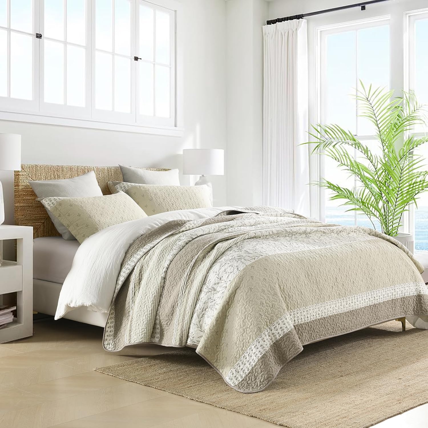 Quilt Set Queen Size - 100% Cotton Quilt Bedding Set Bedspread, Farmhouse Botanical Pattern Striped Comforter for All Season, Lightweight Floral Queen Coverlet Sets Home Decor, Beige, 3 Pieces