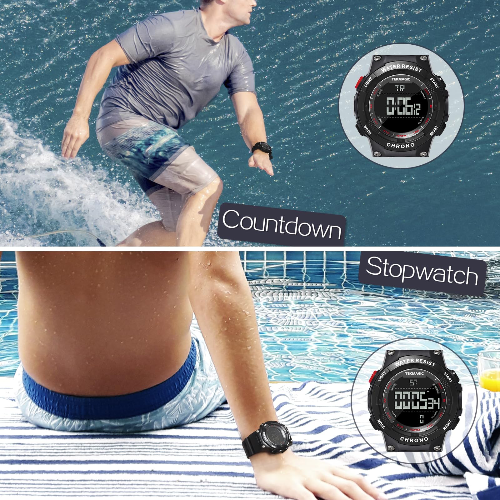 Montre Sport Homme Etanche 10 Atmosphères pour Plongée et Piscine avec Chronographe, Réveil, Minuteur, Double Fuseau Horaire, Calendrier, Rétroéclairage, Format 12 ou 24 Heures